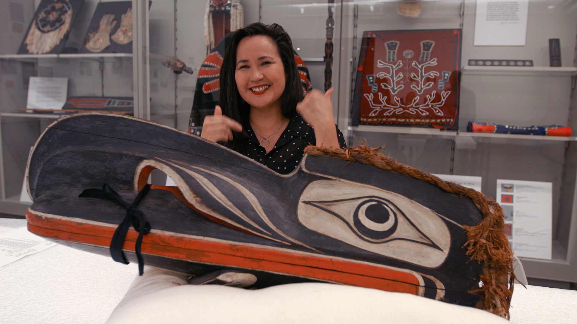 Connie Watts indigenous artist talks about a kwakwaka'wakw Mask at the Museum of Anthropology with Marc Johnson