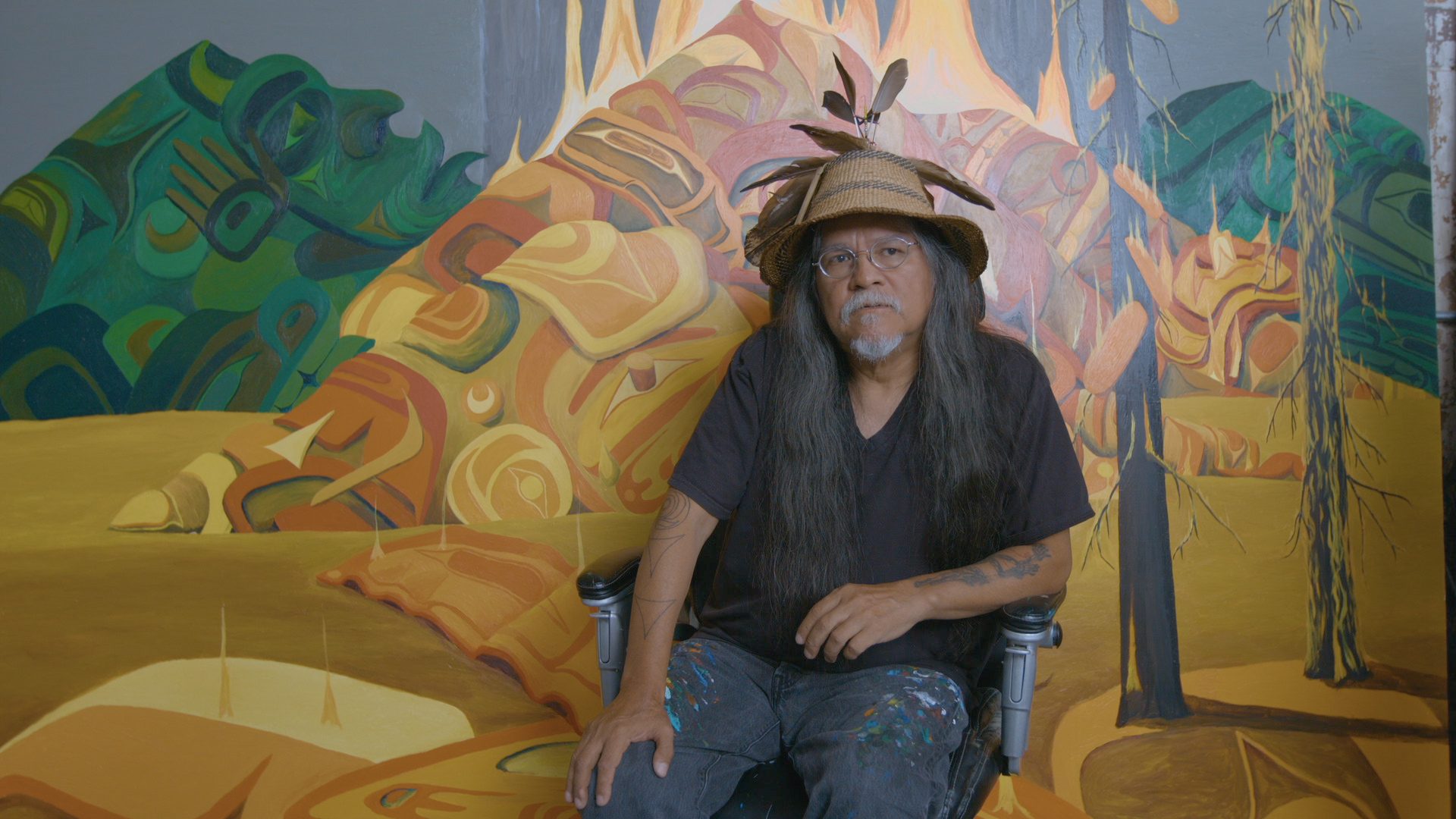 Lawrence Paul Yuxweluptun Lets'lo:tseltun, indigenous/coast Salish artist in his studio